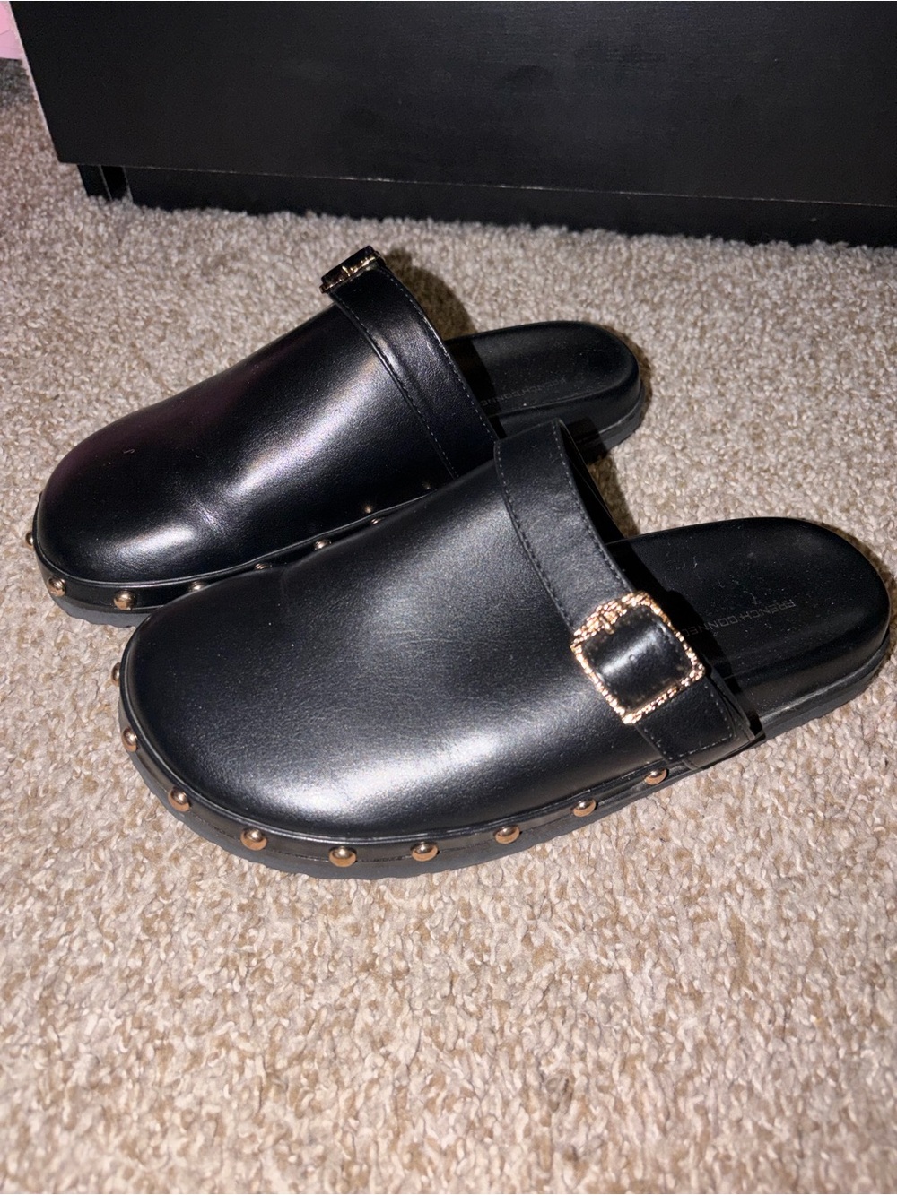 French Connection Black Leather Mule Clogs with Gold Studs and Buckle